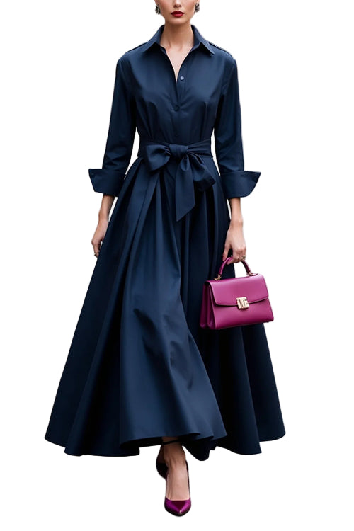 Robe Longue Femme Boutonnée Chic à Revers pour Soirée 0
