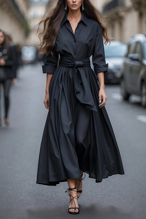 Robe Longue Femme Boutonnée Chic à Revers pour Soirée 1