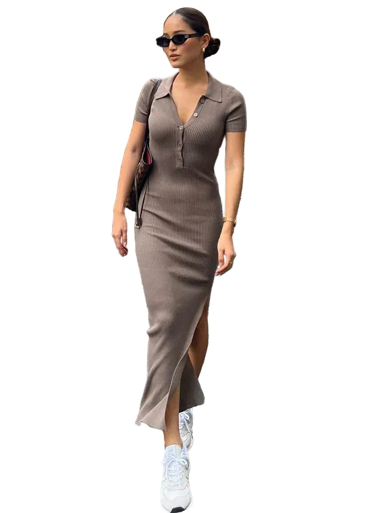 Robe Longue Femme Chic à Col Rabattu avec Fente Latérale 0