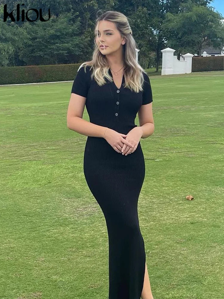 Robe Longue Femme Chic avec Col Rabattu et Fente Latérale 4