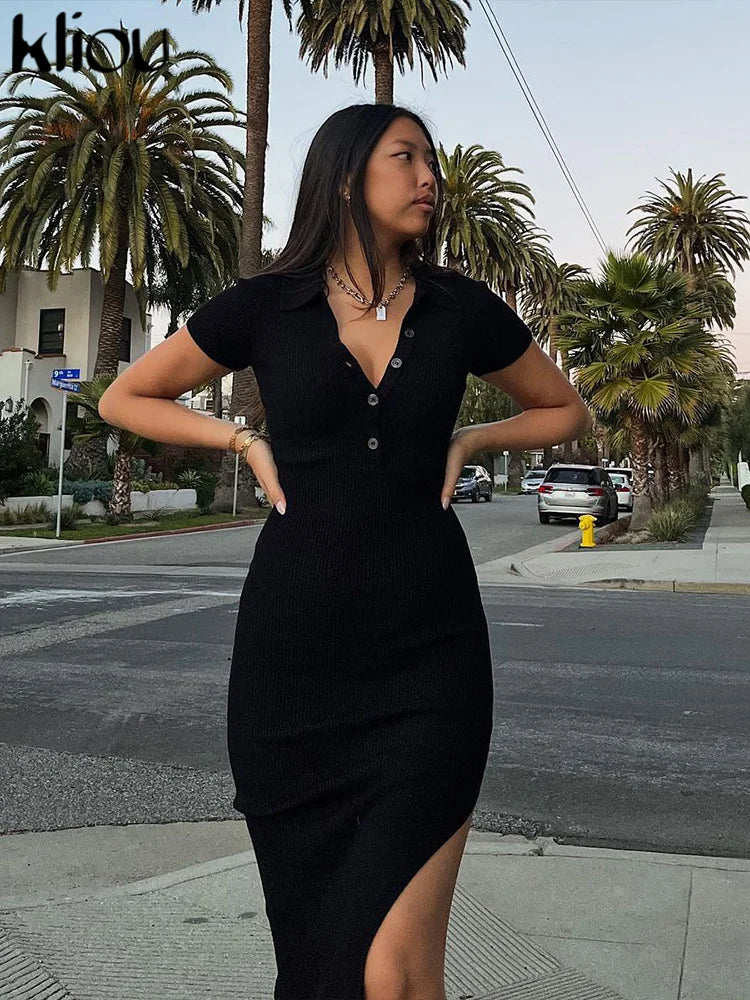 Robe Longue Femme Chic avec Col Rabattu et Fente Latérale 5