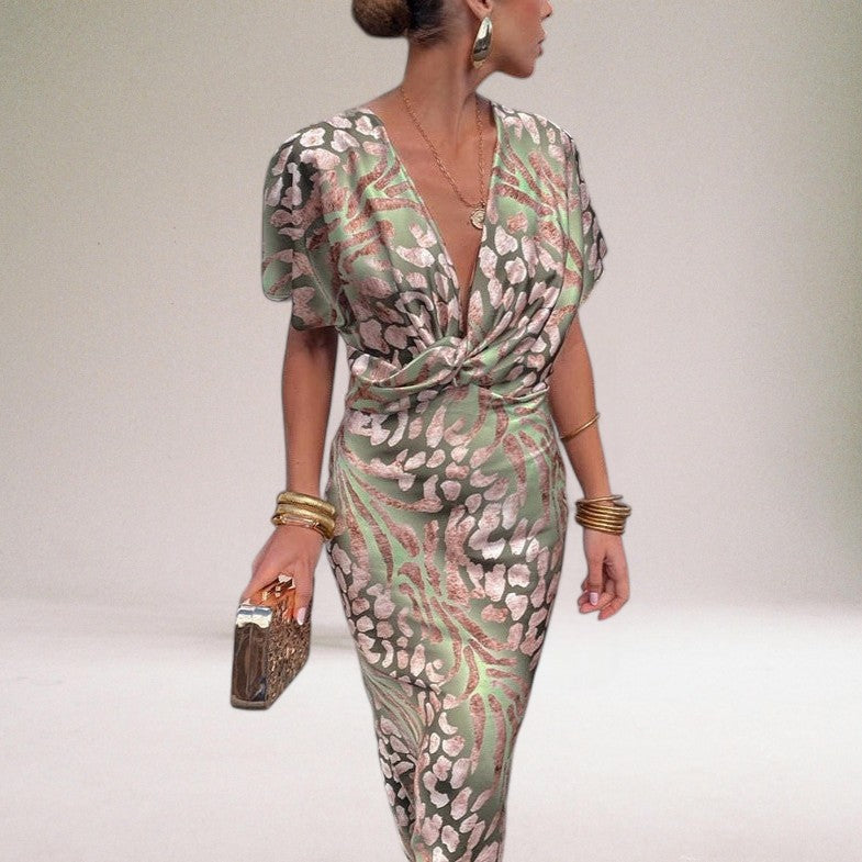 Robe Longue Femme Col en V Torsadé Élégante pour Soirée Été 1