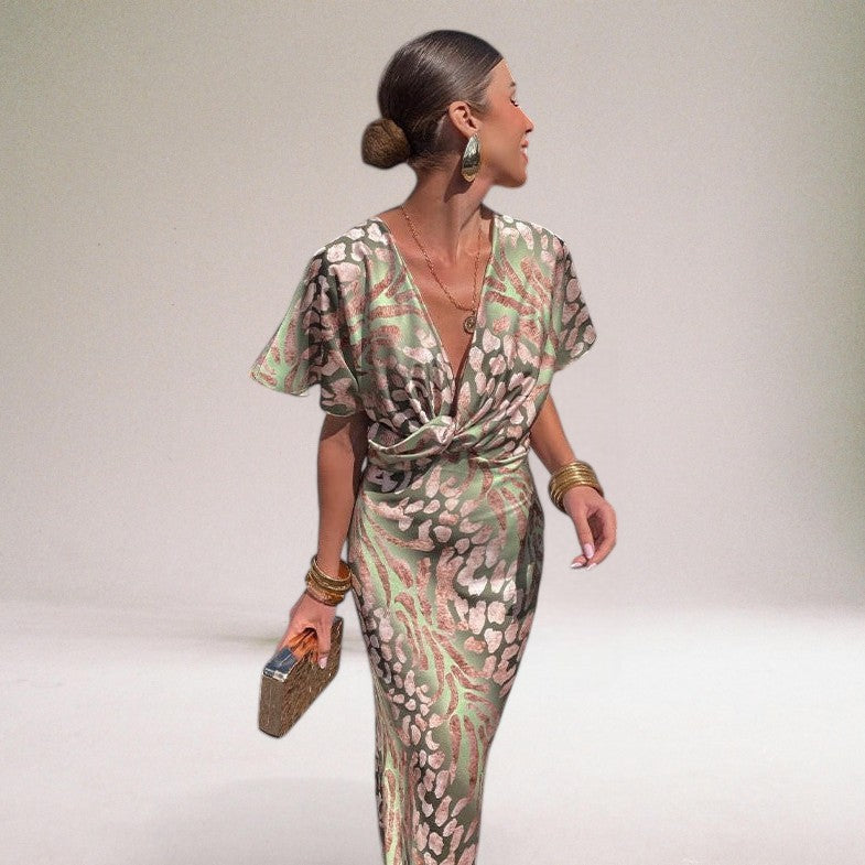Robe Longue Femme Col en V Torsadé Élégante pour Soirée Été 2