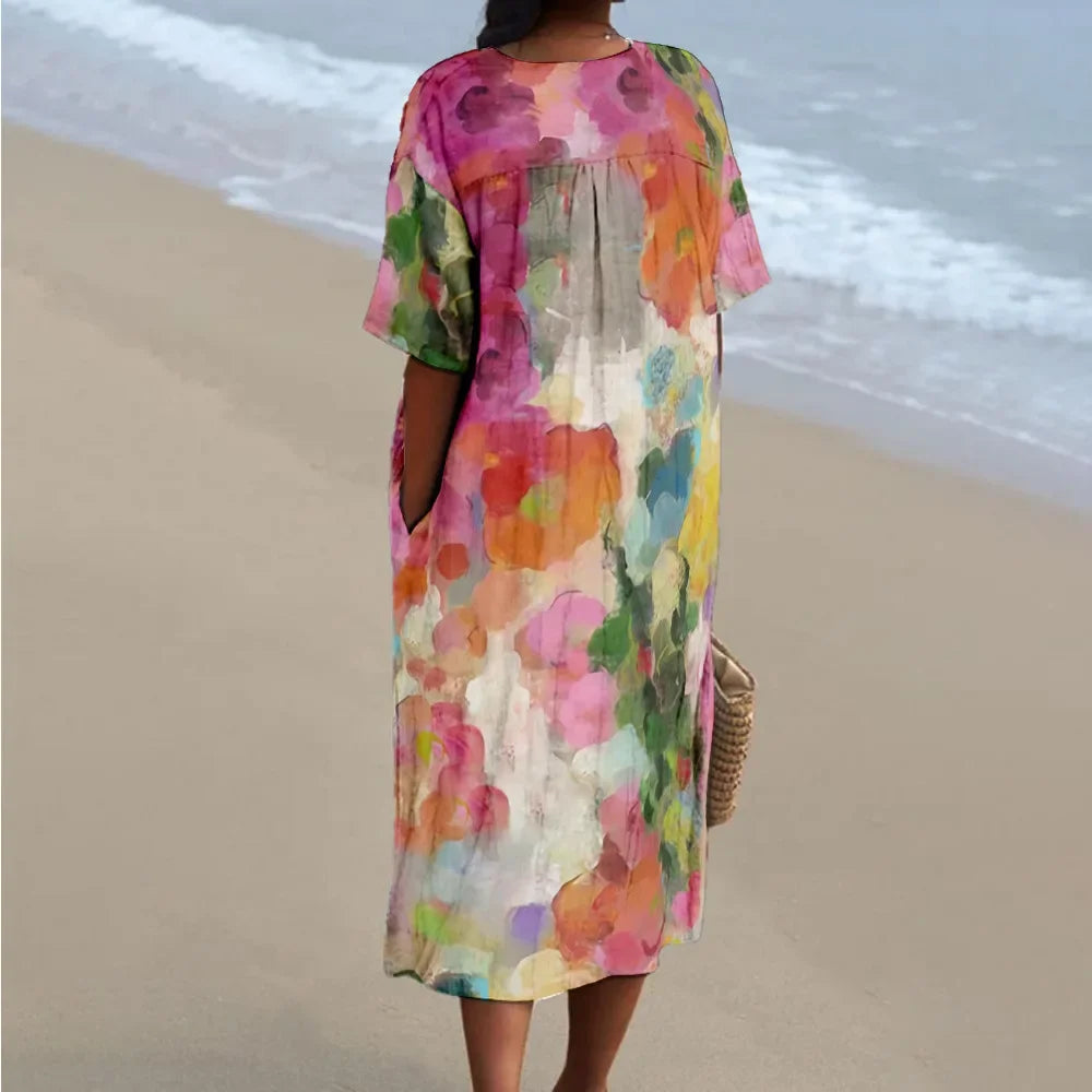 Robe Longue Femme Imprimé Numérique Col V Manches Courtes Tissu Aéré 1