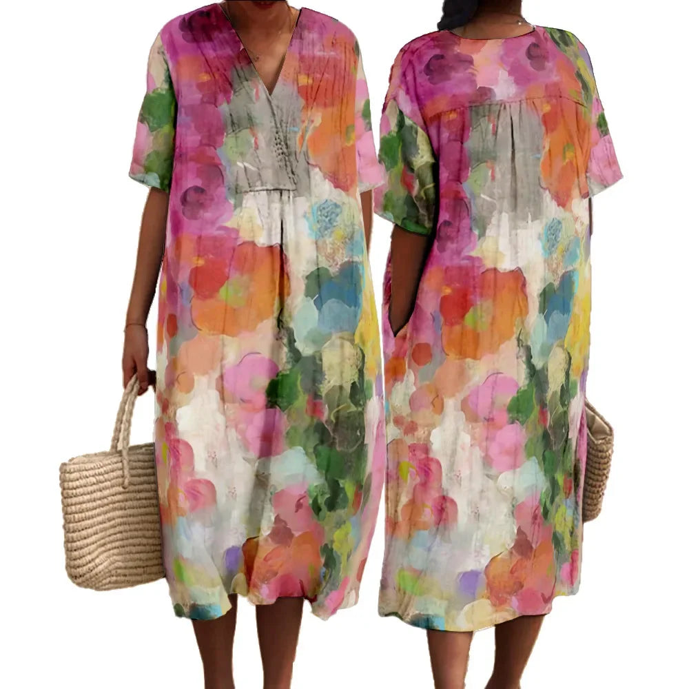 Robe Longue Femme Imprimé Numérique Col V Manches Courtes Tissu Aéré 2