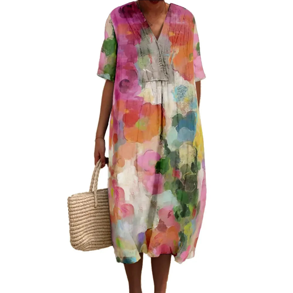 Robe Longue Femme Imprimé Numérique Col V Manches Courtes Tissu Aéré 3