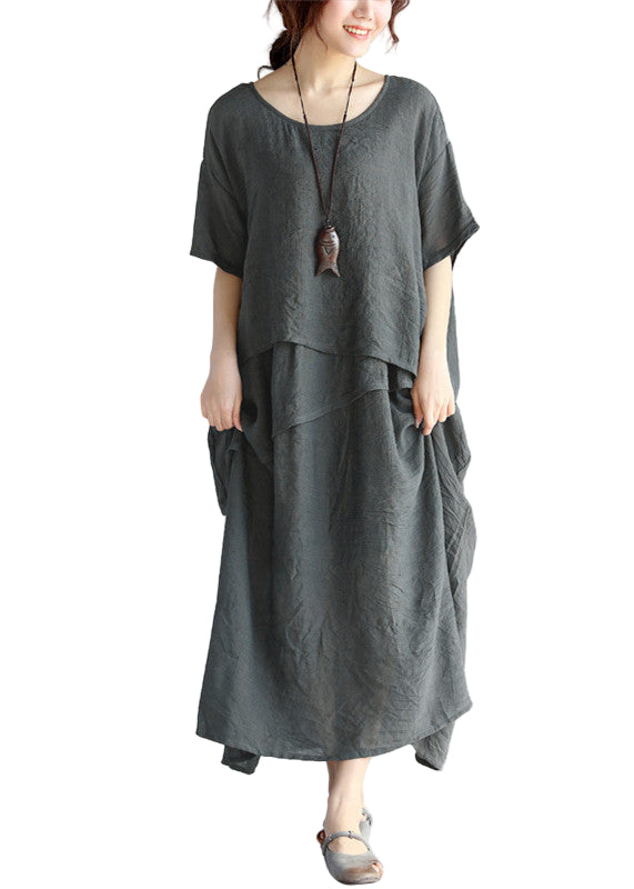 Robe Longue Femme Maxi en Lin à Manches Courtes pour l'Été 0