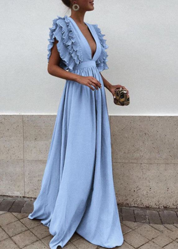 Robe Longue Femme Patchwork Volants Col V Manches Courtes 0