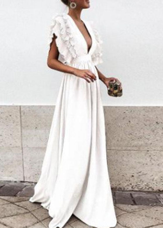 Robe Longue Femme Patchwork Volants Col V Manches Courtes 1