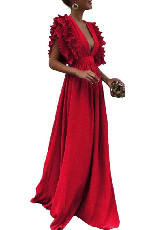 Robe Longue Femme Patchwork Volants Col V Manches Courtes 2