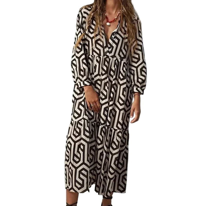 Robe Longue Femme à Manches Longues Motif Géométrique Confortable 0