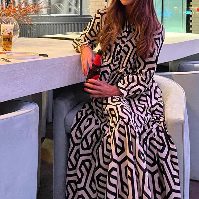 Robe Longue Femme à Manches Longues Motif Géométrique Confortable 1