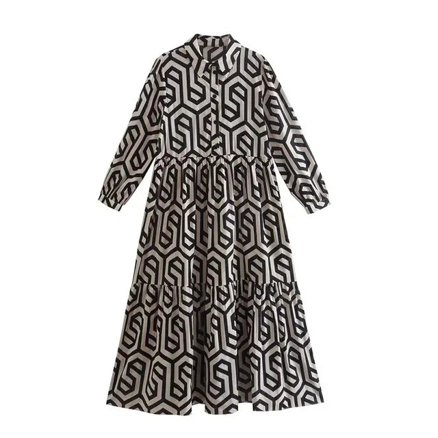 Robe Longue Femme à Manches Longues Motif Géométrique Confortable 3