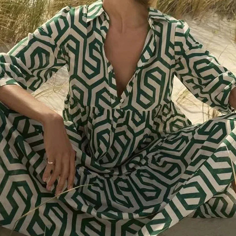 Robe Longue Femme à Manches Longues Motif Géométrique Confortable 7