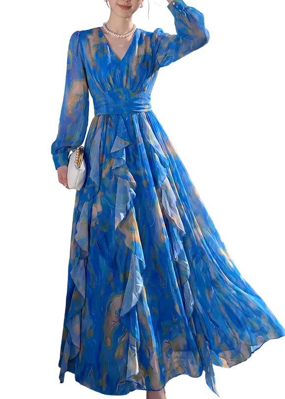 Robe Longue Femme à Volants et Manches Lanternes 0