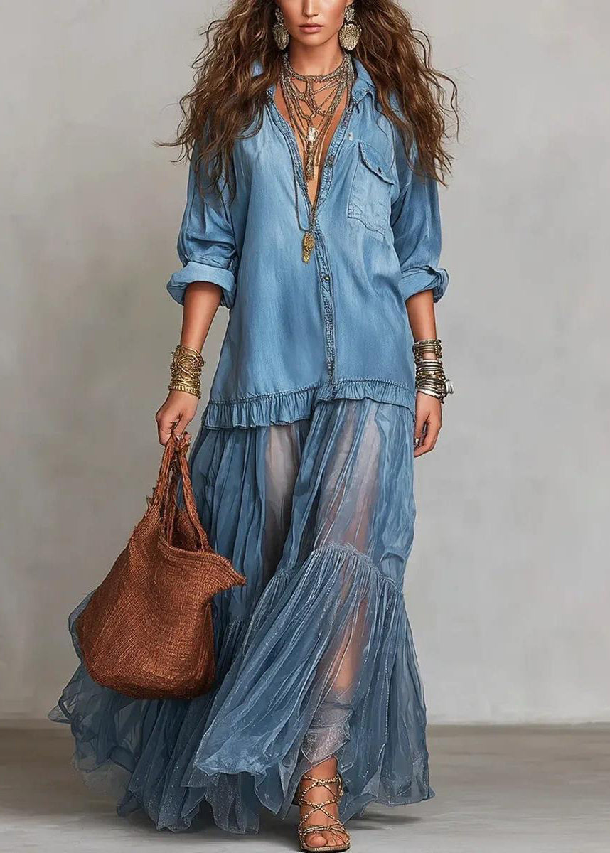 Robe Longue Femme en Denim avec Col Claudine 0