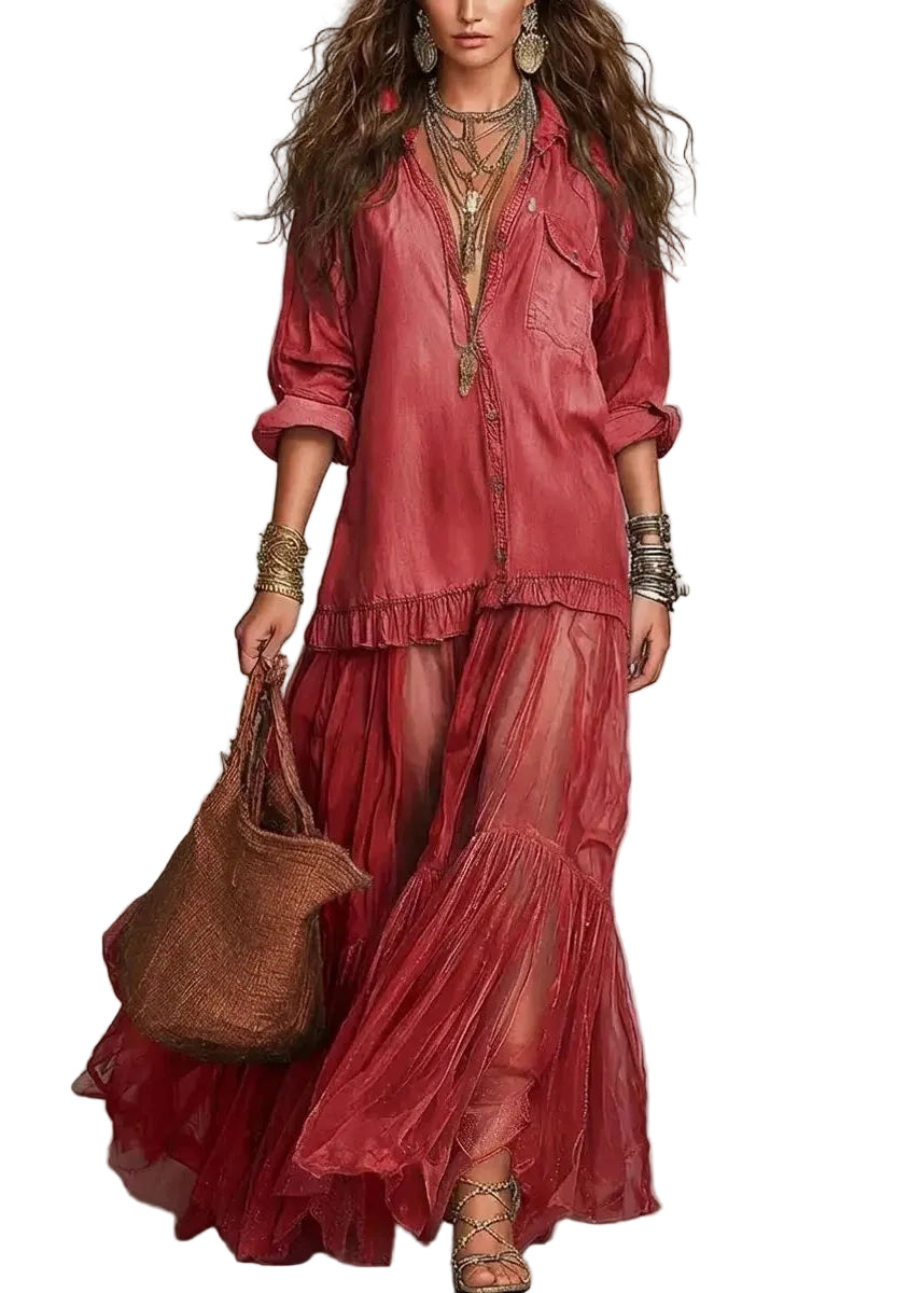 Robe Longue Femme en Denim avec Col Claudine 1