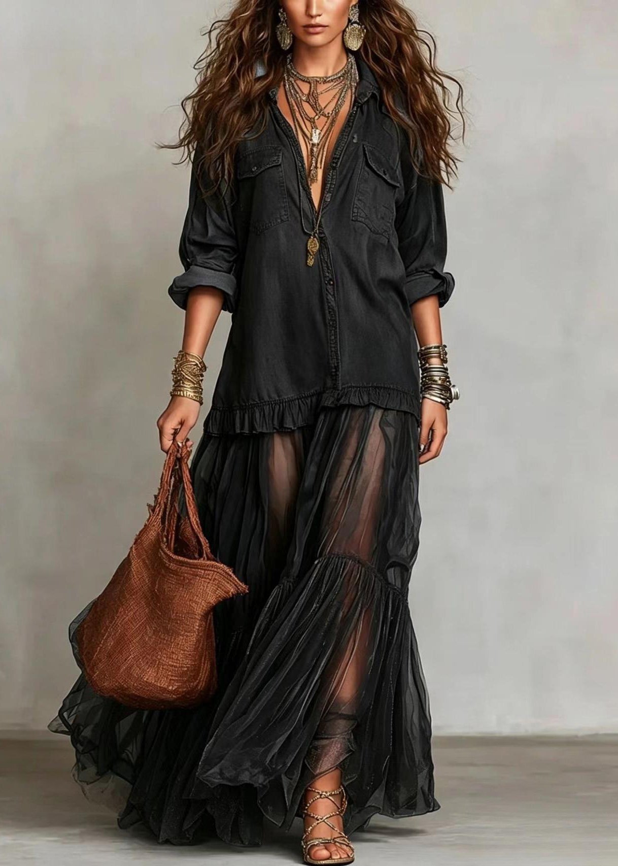 Robe Longue Femme en Denim avec Col Claudine 4