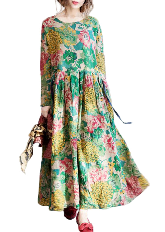 Robe Longue Femme en Lin à Fleurs Maxi Décontractée 2