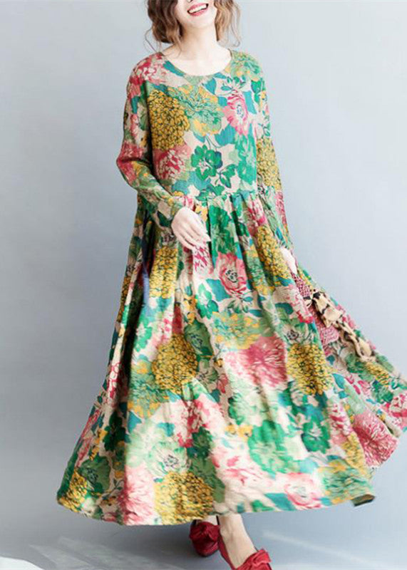 Robe Longue Femme en Lin à Fleurs Maxi Décontractée 3