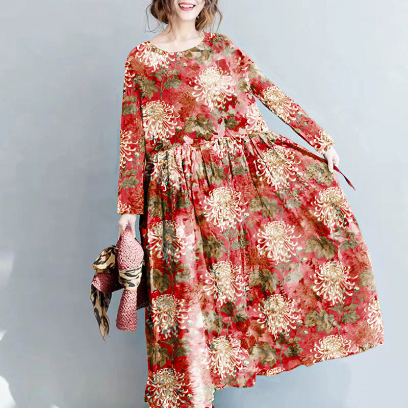 Robe Longue Femme en Lin à Fleurs Maxi Décontractée 5