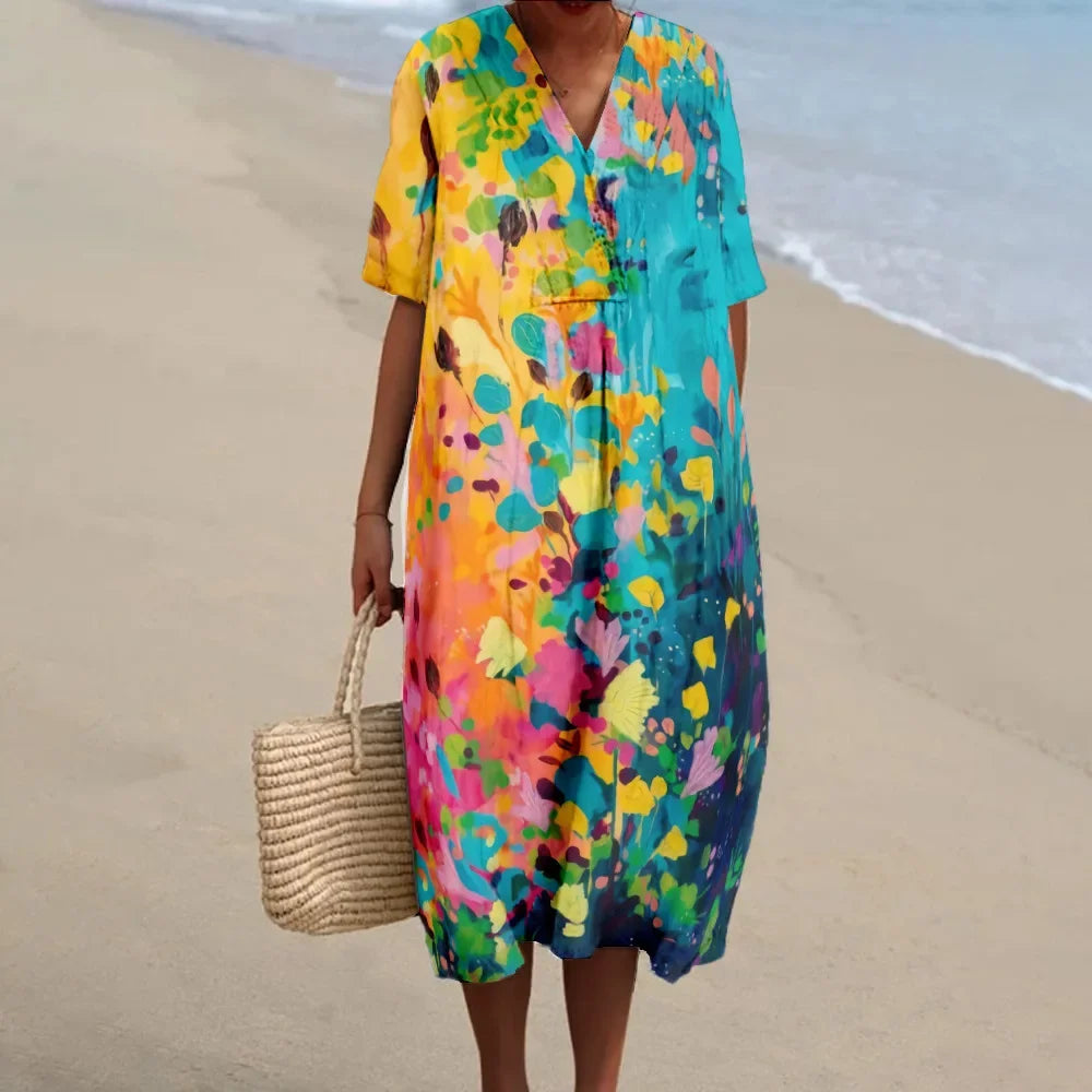 Robe Longue Fleurie Femme Col V Manches Courtes Tissu Léger 0