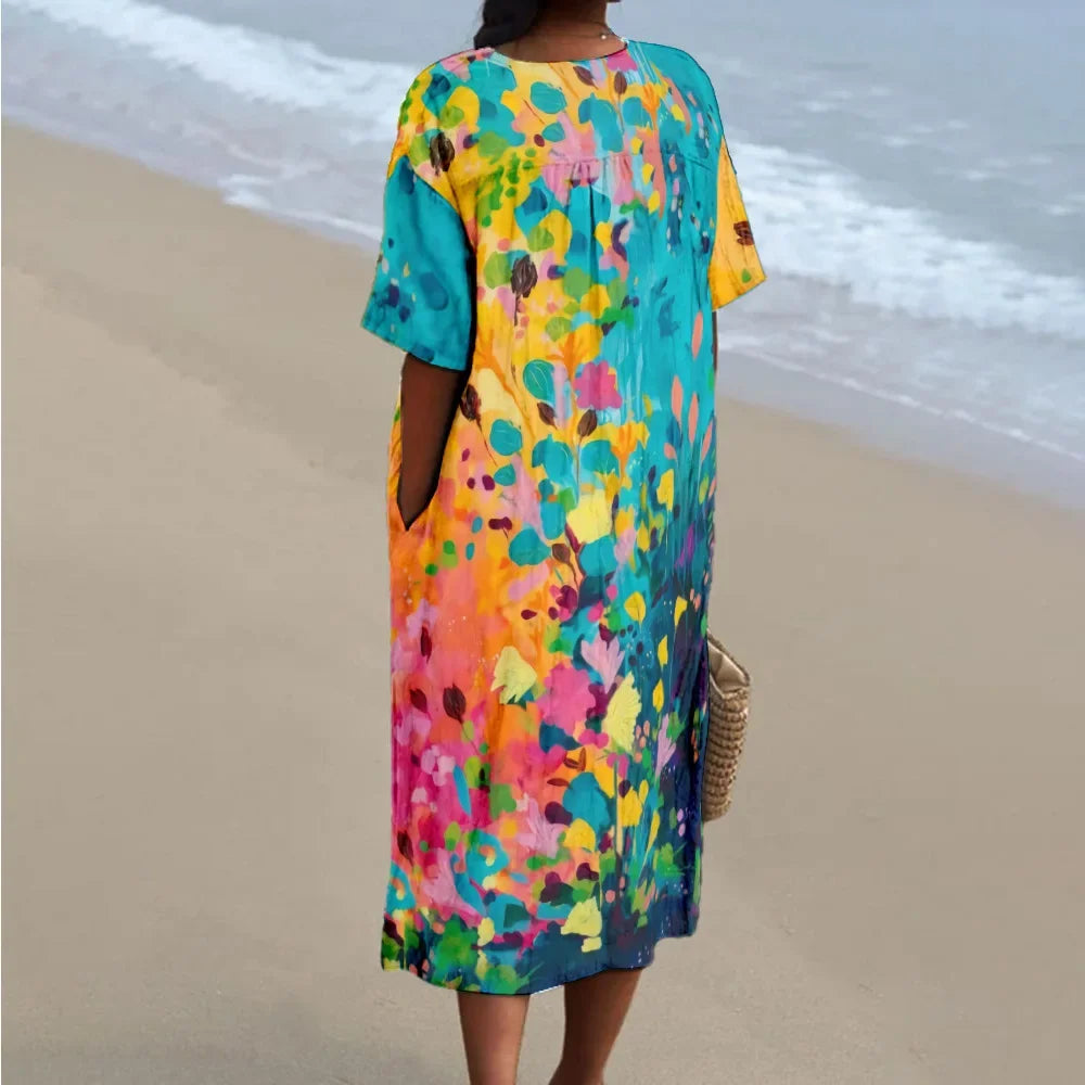 Robe Longue Fleurie Femme Col V Manches Courtes Tissu Léger 1