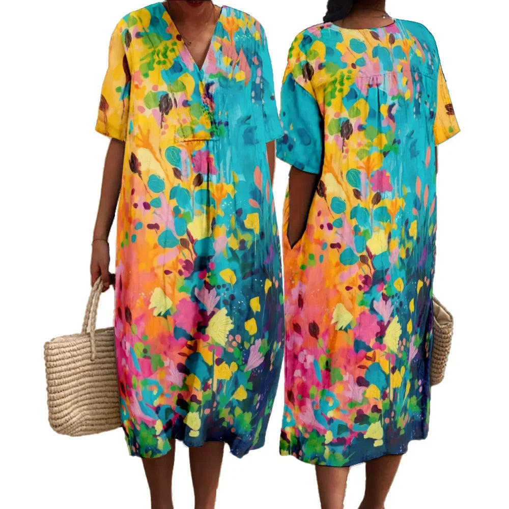 Robe Longue Fleurie Femme Col V Manches Courtes Tissu Léger 2