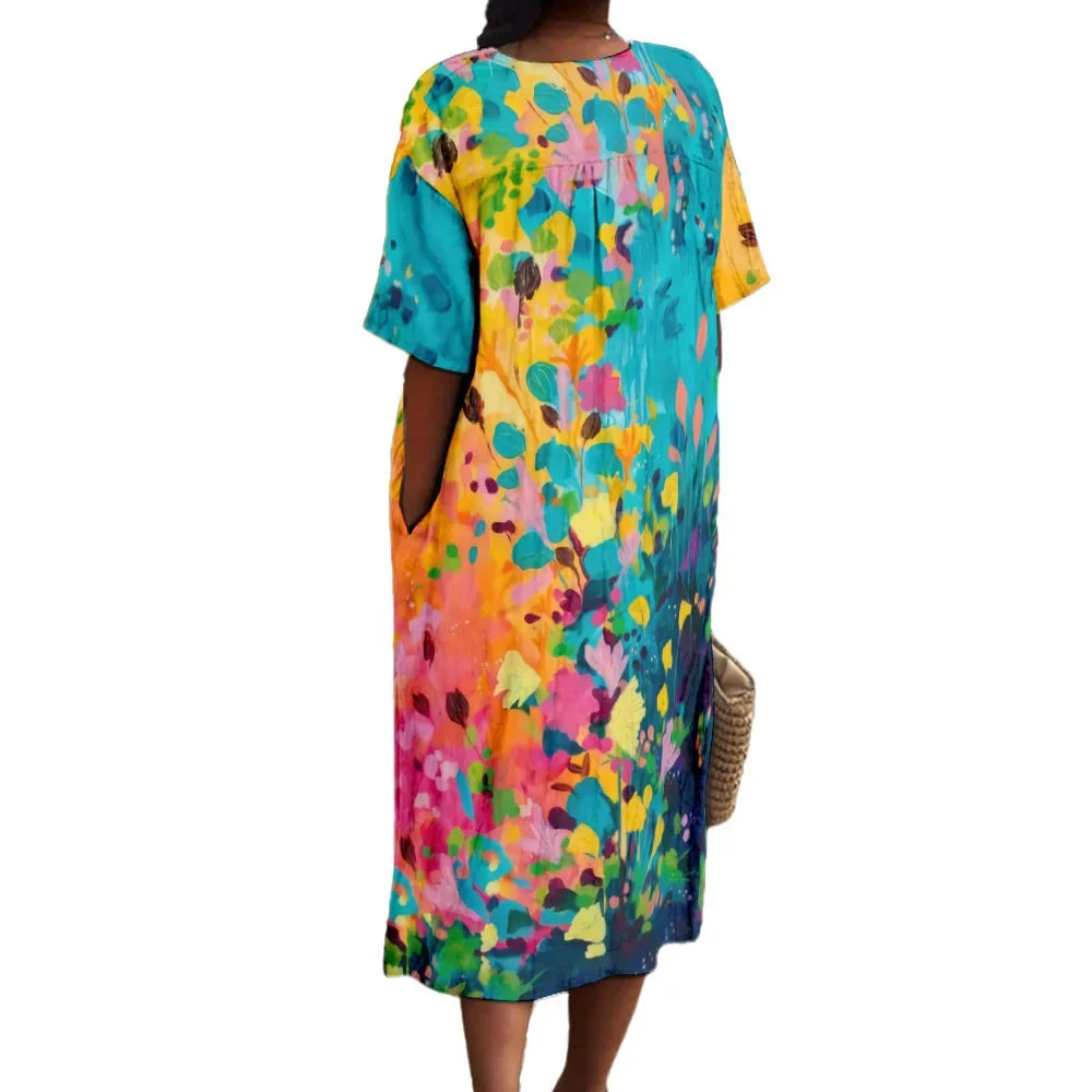 Robe Longue Fleurie Femme Col V Manches Courtes Tissu Léger 4