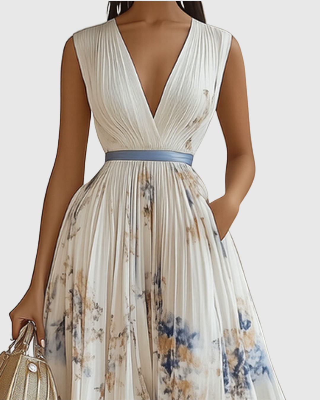 Robe Longue Plissée à Col en V pour Femmes 1