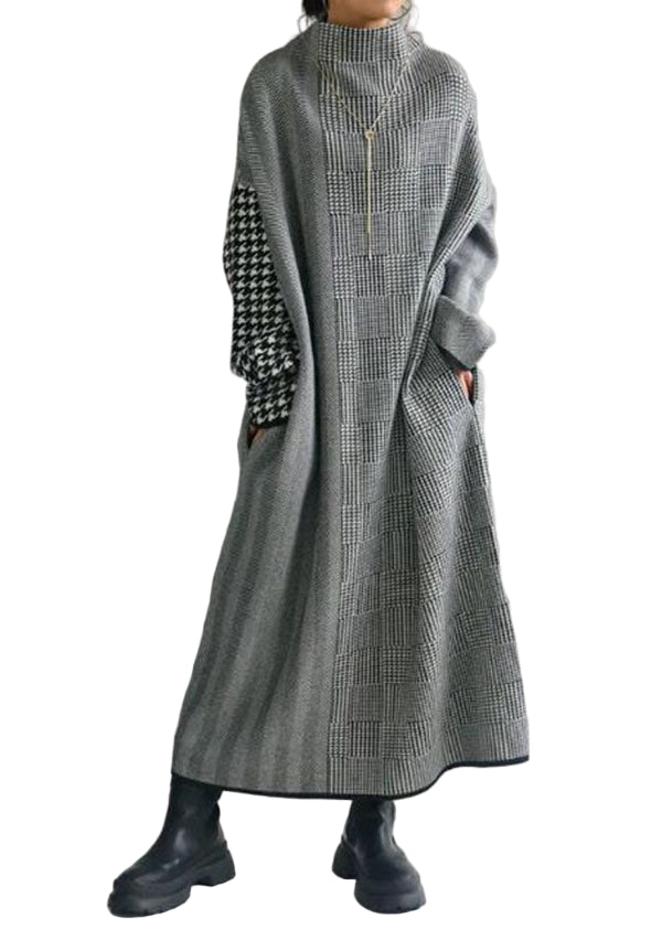 Robe Longue Tricotée à Col Montant à Carreaux pour Femme 0