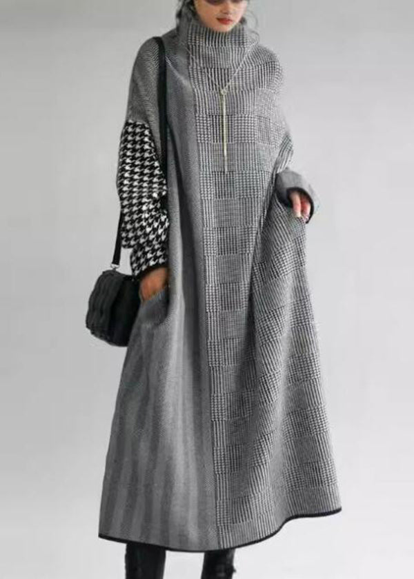 Robe Longue Tricotée à Col Montant à Carreaux pour Femme 1