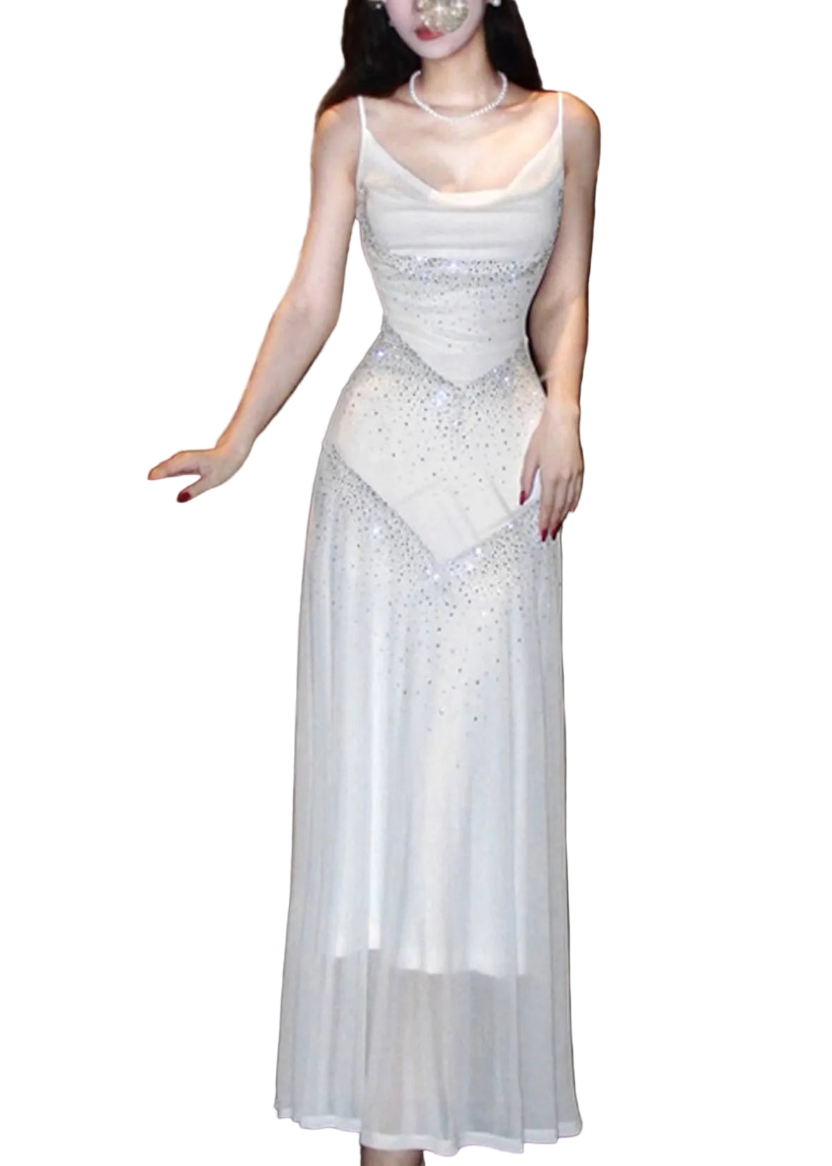 Robe Longue Tunique Ajustée à Bretelles Spaghetti 0