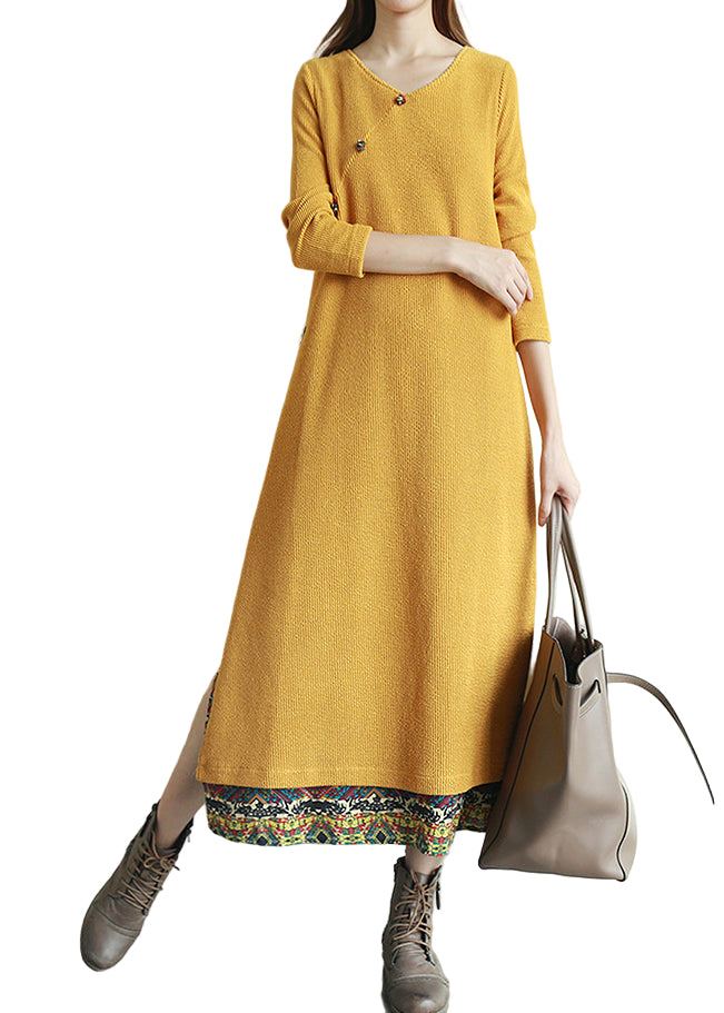 Robe Longue Vintage à Boutons Col en V 1