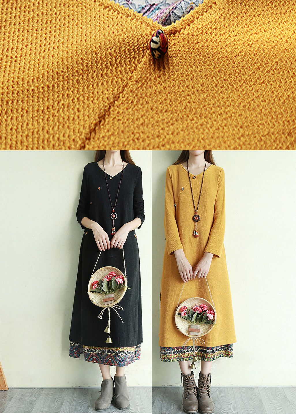 Robe Longue Vintage à Boutons Col en V 4