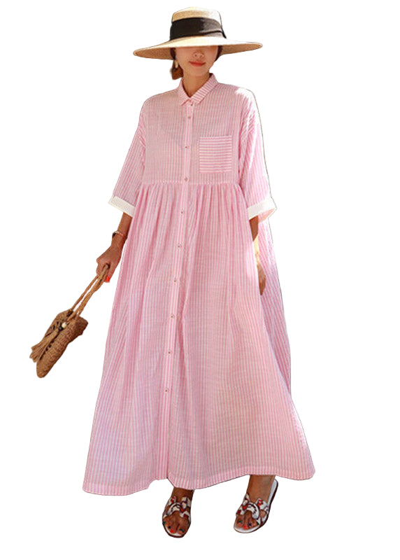 Robe Longue à Col Peter Pan pour Femme en Rayures 0