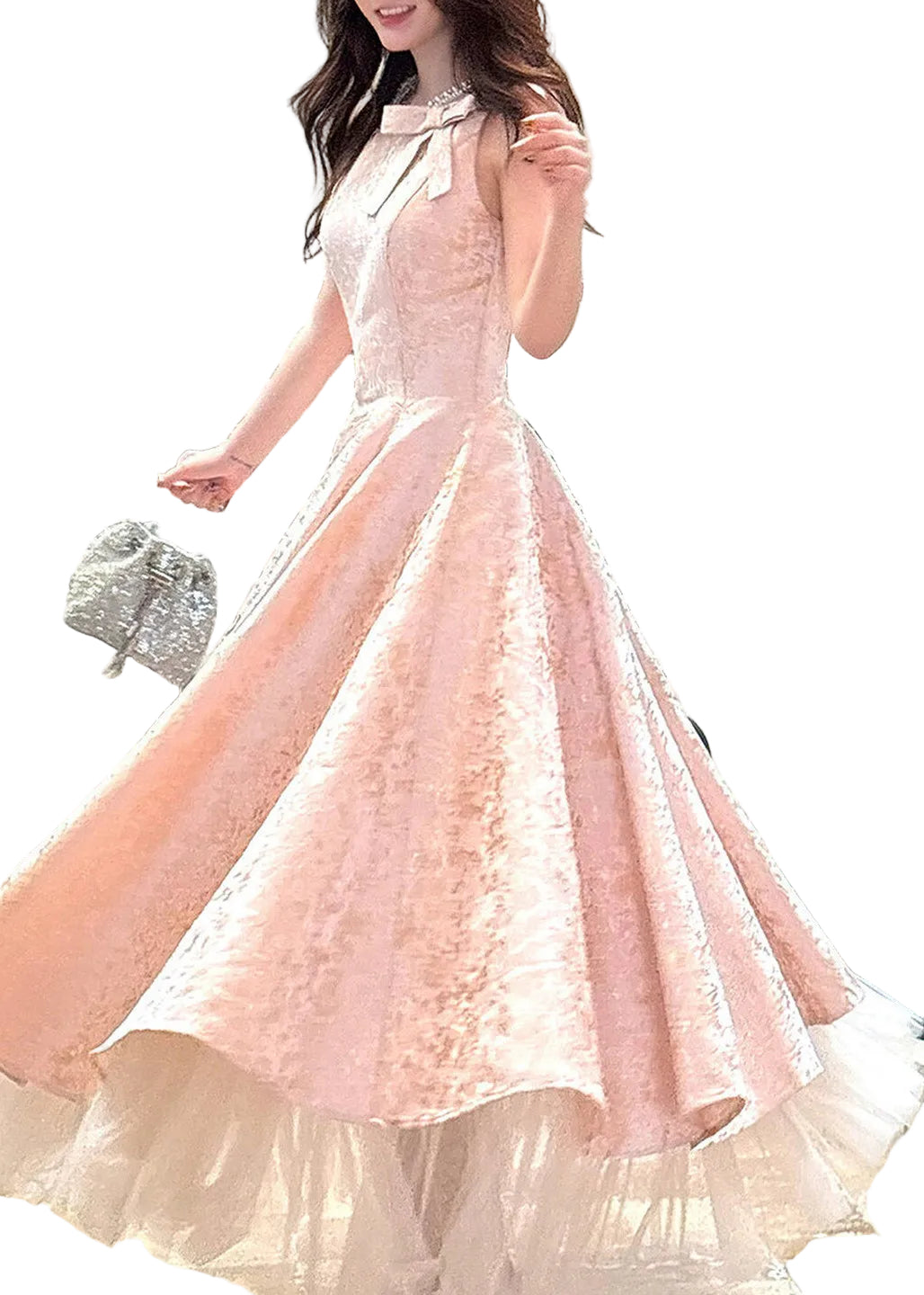 Robe Longue à Col Rond avec Nœud pour Femme 0