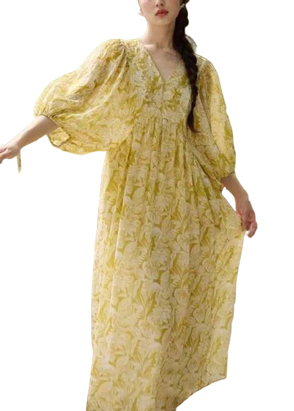 Robe Longue à Imprimé Jaune Col en V pour Femme 0