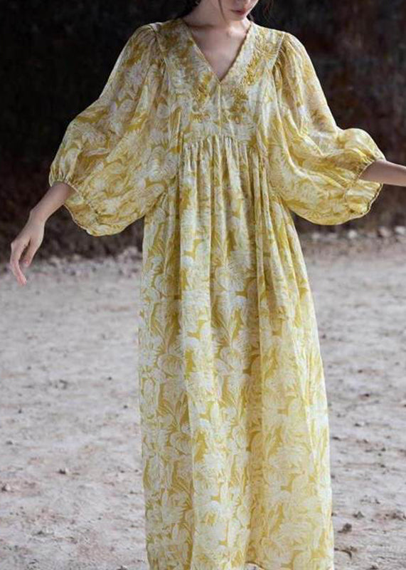 Robe Longue à Imprimé Jaune Col en V pour Femme 2