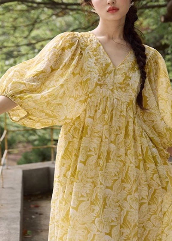 Robe Longue à Imprimé Jaune Col en V pour Femme 3