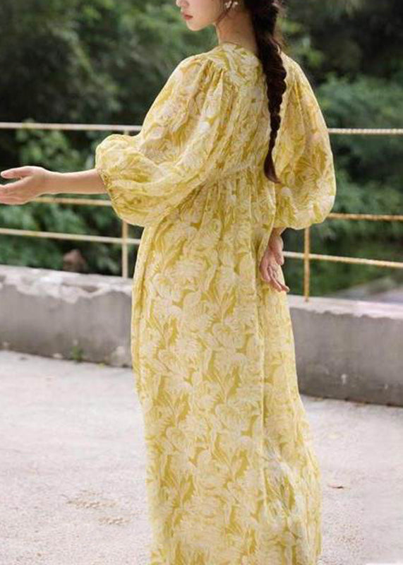Robe Longue à Imprimé Jaune Col en V pour Femme 4