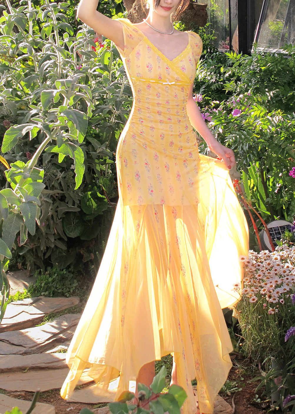 Robe Longue à Manches Courtes Col en V Imprimé pour Femmes 0