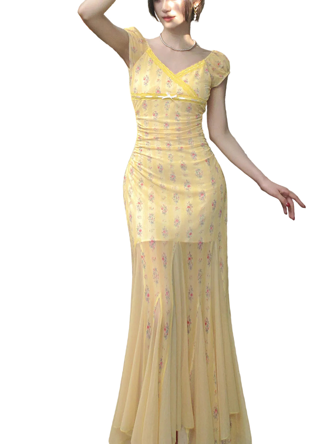 Robe Longue à Manches Courtes Col en V Imprimé pour Femmes 1
