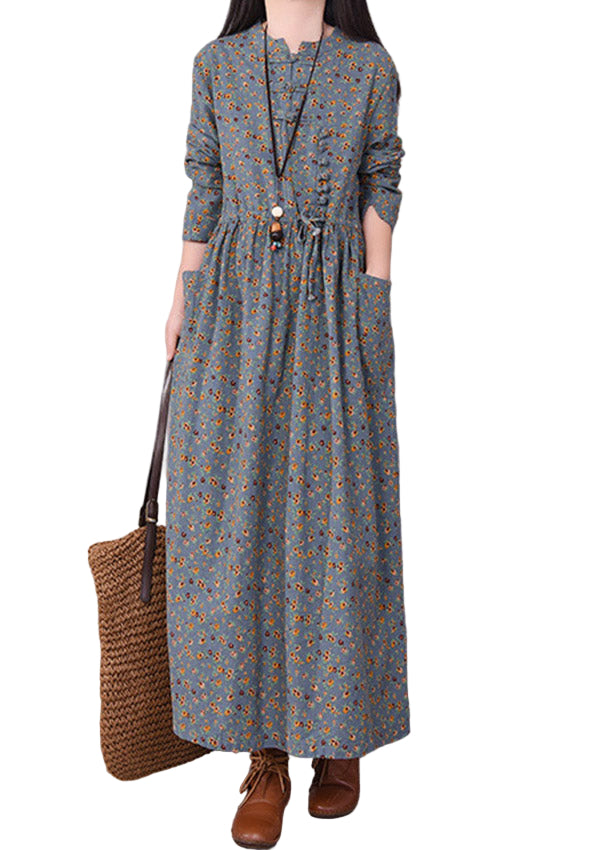 Robe Longue à Manches Longues avec Ceinture et Imprimé pour Femme 0