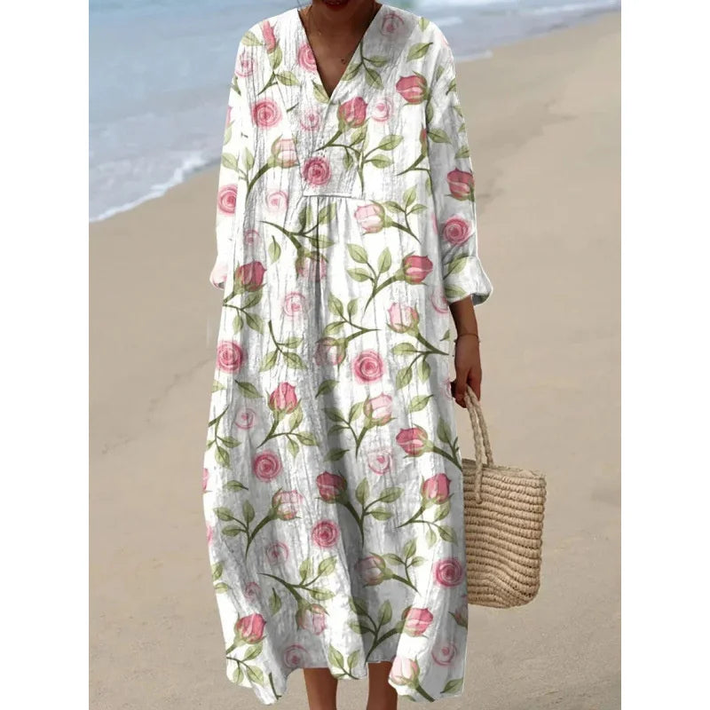 Robe Longue à Manches Longues pour Femme en V-Cou à Blocs de Couleurs 14