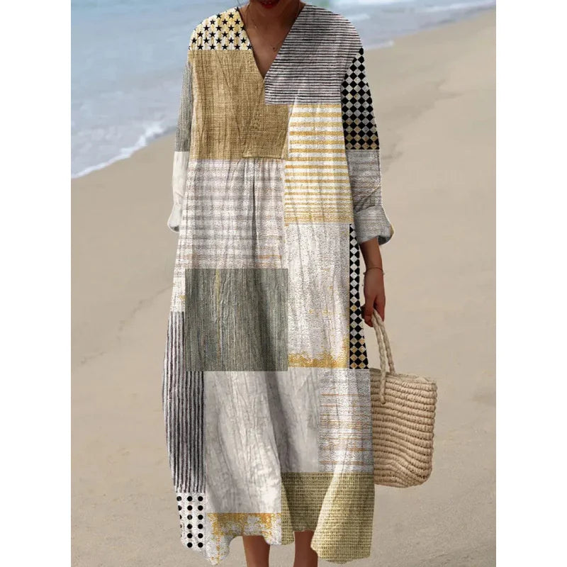 Robe Longue à Manches Longues pour Femme en V-Cou à Blocs de Couleurs 16