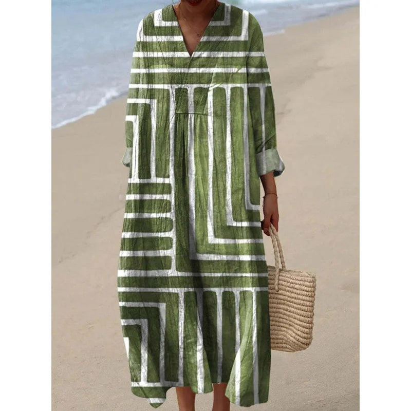 Robe Longue à Manches Longues pour Femme en V-Cou à Blocs de Couleurs 18