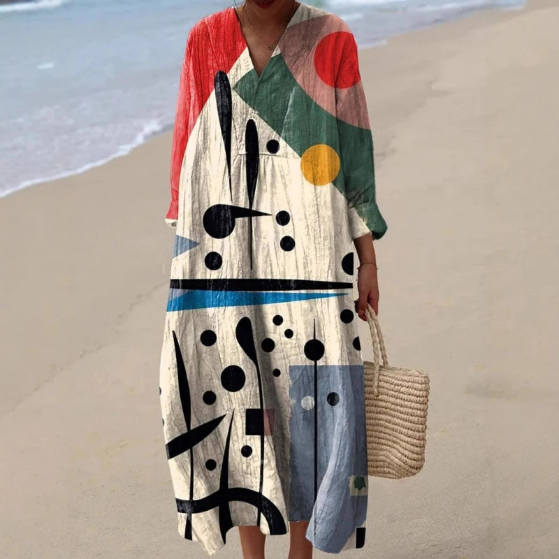 Robe Longue à Manches Longues pour Femme en V-Cou à Blocs de Couleurs 1