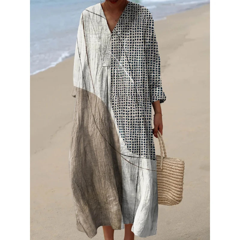 Robe Longue à Manches Longues pour Femme en V-Cou à Blocs de Couleurs 21