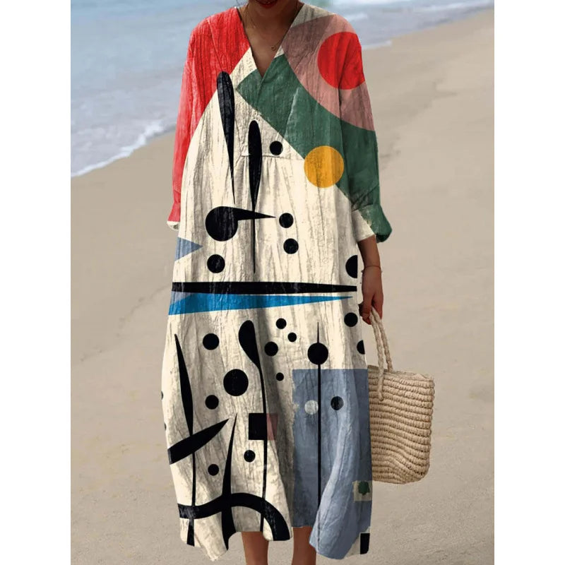 Robe Longue à Manches Longues pour Femme en V-Cou à Blocs de Couleurs 22